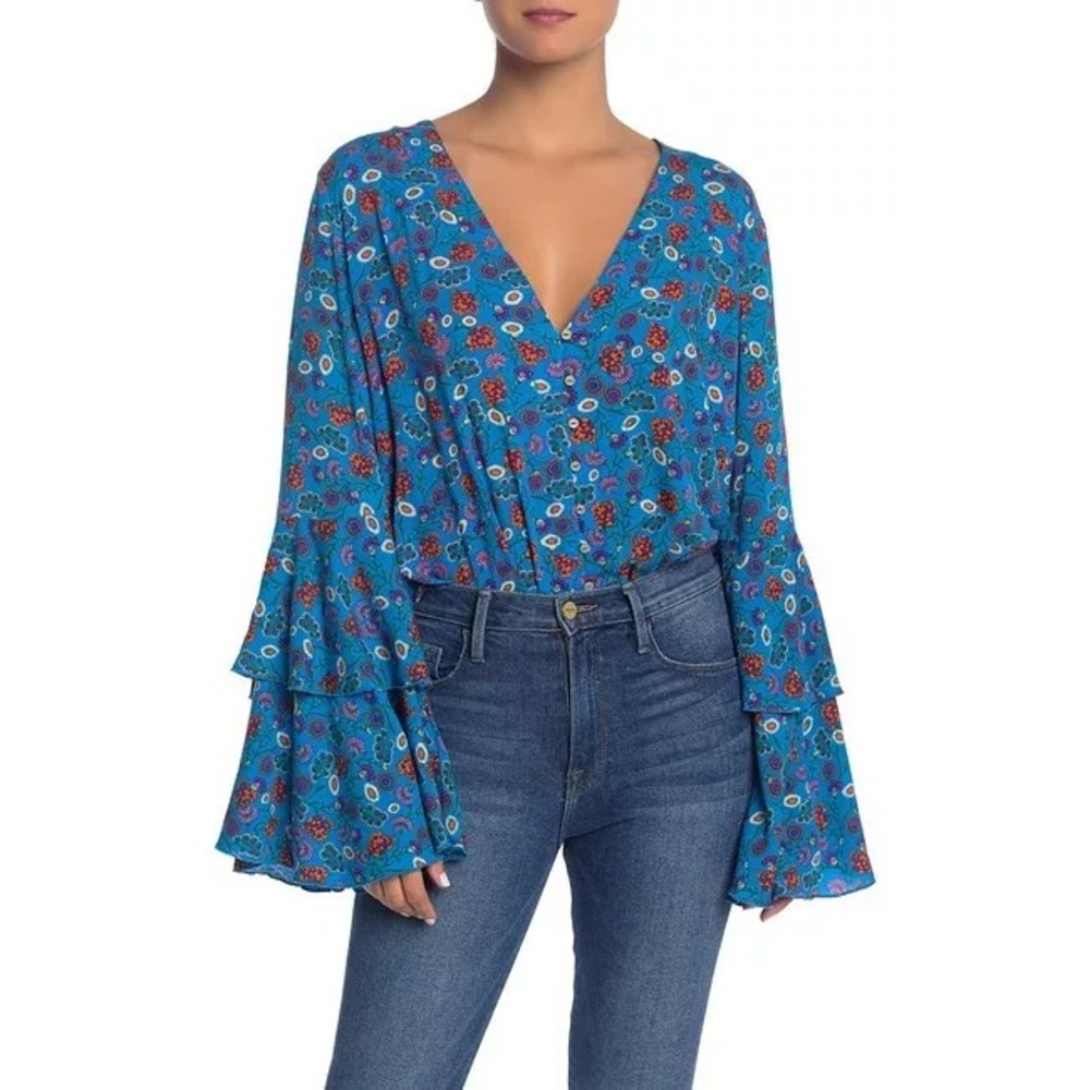 Intimately Free People Womens Bodysuit Size S Floral Bell Sleeve Boho Festival